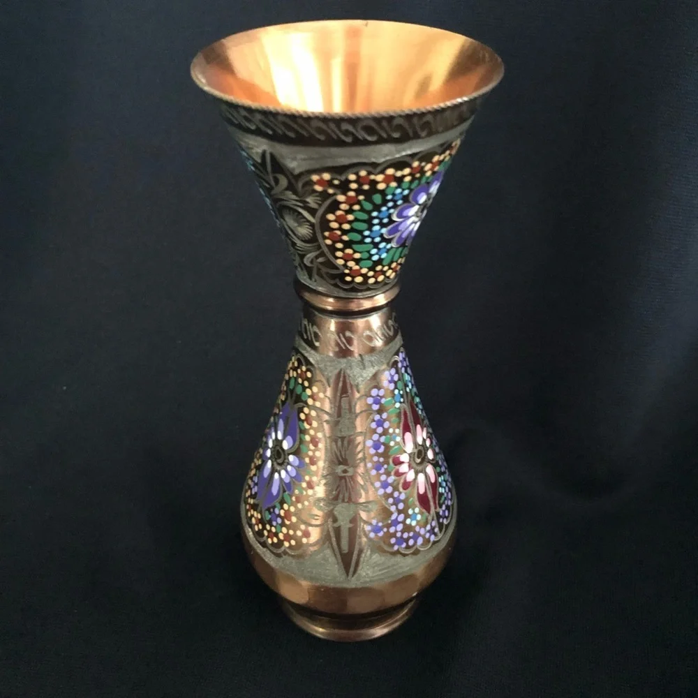Vintage Hand Painted & Etched Copper Vase with Floral Designs
